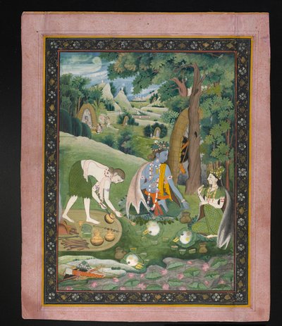 Ráma, Lakšmana a Síta vaří a jedí v divočině, kolem roku 1820 (kvaš se zlatem na papíře) od Indian School