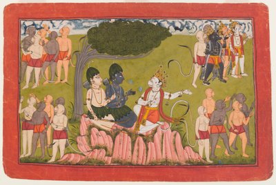 Ráma a Lakšmana jednají se Sugrivou o hledání Síty, folia z rozptýlené série Rámájana, kolem 1770-10 (wc na papíře) od Indian School