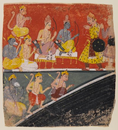 Ráma a Lakšmana přijímají vyslance, stránka z rozptýlené série Rámájana, kolem 1634 (wc na papíře) od Indian School