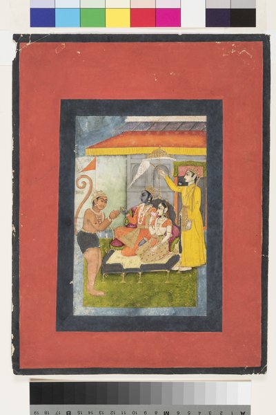 Ráma a Síta na trůnu, zbožňovaní Hanumánem; Lakshmana drží morchal, cca 1780 (neprůhledné wc a zlato na papíře) od Indian School