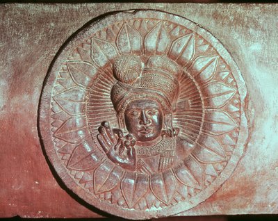 Reliéf zobrazující lotosový květ s hlavou muže z buddhistické stúpy z Bharhut, Madhjapradéš, pozdní období Mauryan, dynastie Sunga (180-72 př.nl) od Indian School