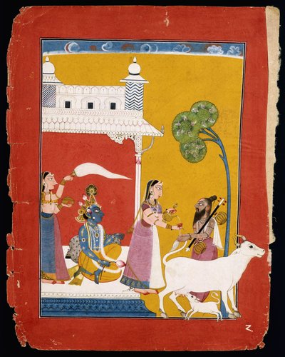 Rukmini nabízí vodu mudrci Náradovi, zatímco její choť Krišna sedí v jejím domě, kolem 1725-1730 od Indian School