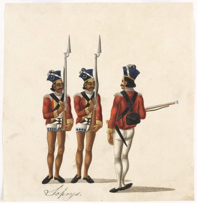 Sepoys a indický důstojník, Bengálská armáda, kolem roku 1815 (akvarel na papíře) od Indian School