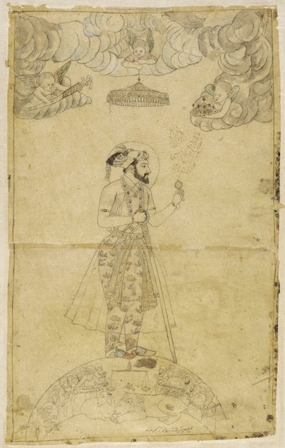Shah Jahan stojící na zeměkouli (zlato a barva na papíře) od Indian School