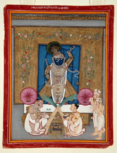 Adoration of Krishna as Shrinath ji, 1800-25 (neprůhledné wc a zlato na papíře) od Indian School