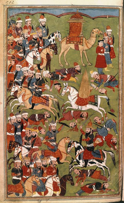 Vojsko Aichy v bitvě u Džamálu v roce 656, ilustrace z knihy "Hamla-i-Haydari", autor Mirza Muhammad Rafi