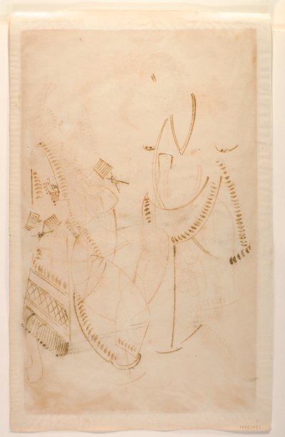 Mahant z Tarakeshwaru se svou milenkou Elokeshi, která mu nabízí pánev, Kalighat Album, cca 1880 (wc na papíře) od Indian School