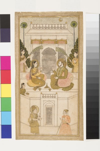 Sultán z Golcondy, Quli Qutb Shah, sedící se svou chotí, 1700-25 (neprůhledné wc a zlato na papíře) od Indian School