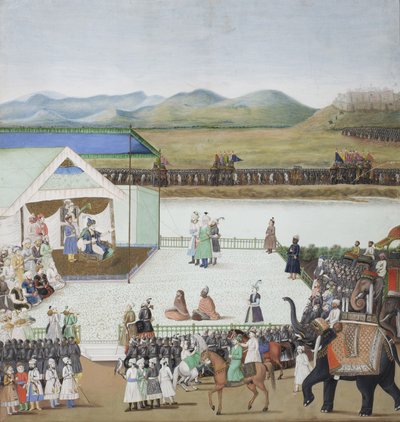 Turecký sultán Bayazid přivedl zajatce před Timura kolem roku 1850 (neprůhledné wc a zlato na papíře) od Indian School