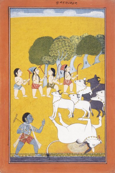 Mladý Krišna zabil démona Vatsasuru, který přišel v masce telete, kolem 1730-1740 od Indian School