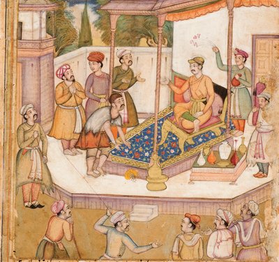 Rádža, jehož host ho požádal o 500 dinárů denně, cca 1585 (neprůhledné wc a zlato na papíře) od Indian School