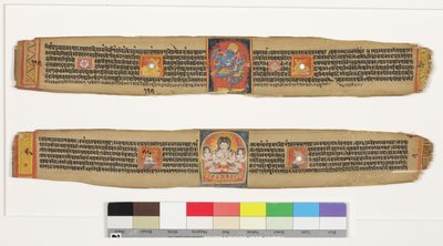 Nahoře: Taneční holicí strojek; Dole: Bódhisattva Sadakshi Awolokiteshwara a Attendants, CII- (OPQW & Inc on Palm Leaf) od Indian School