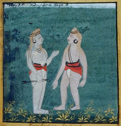 Dva jogíni s rozštěpenýma ušima (kamfát), náboženští mendikanti, Udaipur, asi 1810-20 (kvaš na papíře) od Indian School