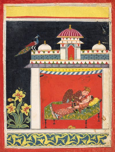 Dva milenci v pavilonu, z "Amarushataka" (Sto básní Amaru), nebo neidentifikované erotické série, kolem roku 1680 (neprůhledný akvarel a zlato na papíře) od Indian School