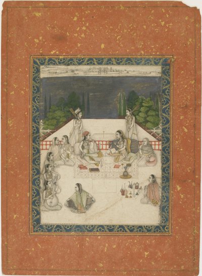 Dvě ženy sedící na terase, obklopené obsluhou a hudebníky, kolem 1650 (neprůhledné wc a zlato na papíře) od Indian School