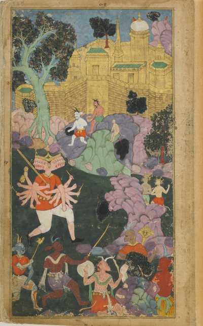 Vol.2 fol.238 Rávana a jeho síly zaujímají postavení před městem (neprůhledný akvarel, inkoust a zlato na papíře) od Indian School