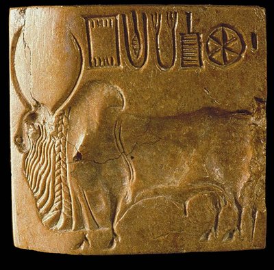 Pečeť býka zebu s písmem Indus Nalezeno v Mohenjo Daro, údolí Indus, 3. tisíciletí před naším letopočtem. od Indus Valley Civilisation.