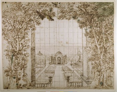 Zahrada a knížecí vila (pero a inkoust na papíře) od Inigo Jones
