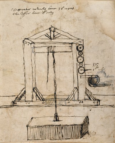 Schéma pro kladkové zvedací zdivo (pero a inkoust na papíře) od Inigo Jones