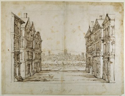 Anglické domy s Londýnem a Temží daleko (pero a inkoust na papíře) od Inigo Jones