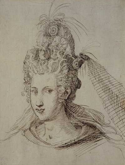 Pokrývka hlavy, pravděpodobně pro Annu Dánskou (pero a inkoust na papíře) od Inigo Jones