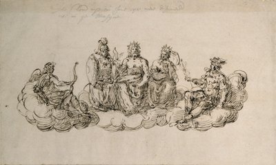 Jove se senátem bohů, kolem 1622 (pero a inkoust na papíře) od Inigo Jones