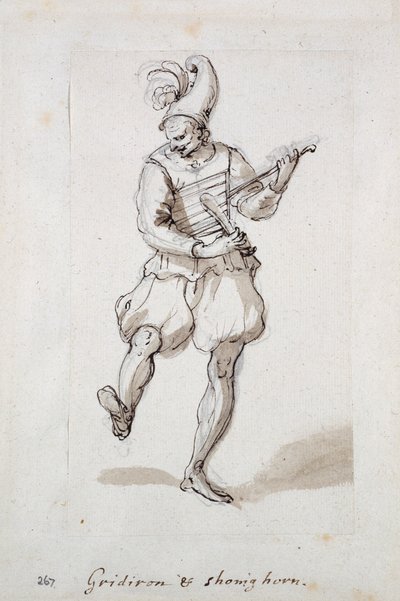 Muž s roštem a rohem na boty (pero a inkoust na papíře) od Inigo Jones