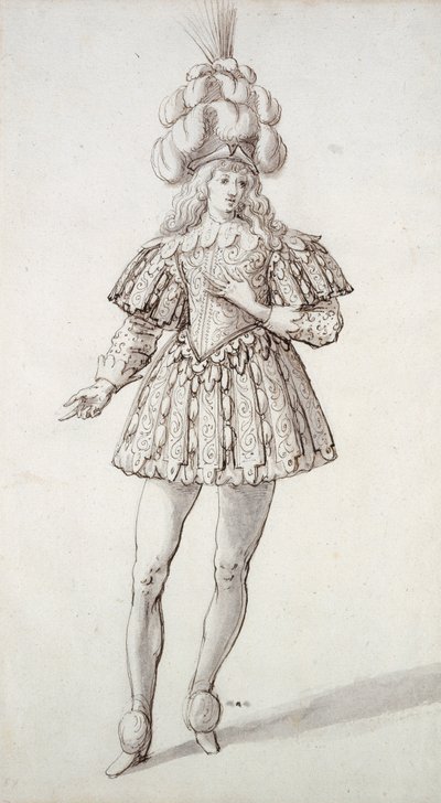 Maska s peřím a chocholem (pero a inkoust na papíře) od Inigo Jones