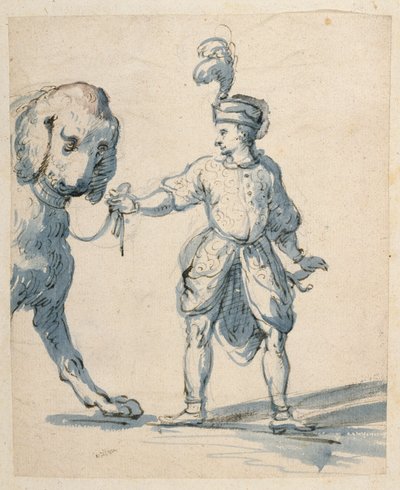 Polský trpaslík vodící psa (pero, inkoust a mytí na papíře) od Inigo Jones