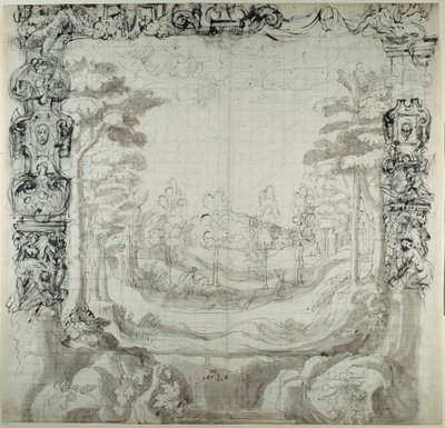 Proscénium a lovecká scéna (pero a inkoust na papíře) od Inigo Jones