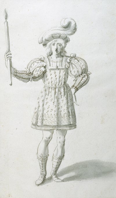 Nosič pochodně (pero a inkoust na papíře) od Inigo Jones
