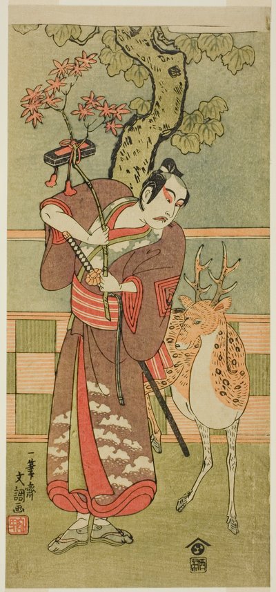 Herec Ičikawa Jaozo II jako Goi no Šó Munesada s jelenem ve hře Kuni no Hana Ono no Itsumoji (Květ Japonska: Pět postav Ono no Komači), uváděné v divadle Nakamura od prvního dne jedenáctého měsíce roku 1771. od Ippitsusai Bunchō