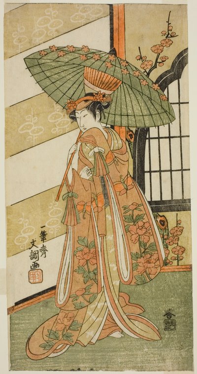 Herec Onoe Tamizo I jako Nishikigi ve hře Mutsu no Hana Ume no Kaomise, hrál v divadle Ichimura v jedenáctém měsíci, 1769 od Ippitsusai Bunchō