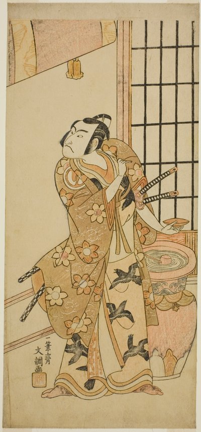 Herec Sawamura Sojuro II jako Kudo Suketsune (?) ve hře Edo no Hana Wakayagi Soga (?), hrané v divadle Ichimura (?) ve druhém měsíci, 1769 (?) od Ippitsusai Bunchō