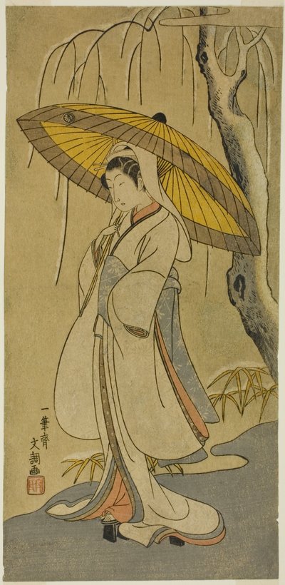 Herec Segawa Kikunojo II jako Volavá panna ve hře „Bavlněná vata Izu chránící manželské chryzantémy (Myoto-giku Izu no Kisewata)“, hraná v divadle Ichimura od prvního dne jedenáctého měsíce roku 1770 od Ippitsusai Bunchō