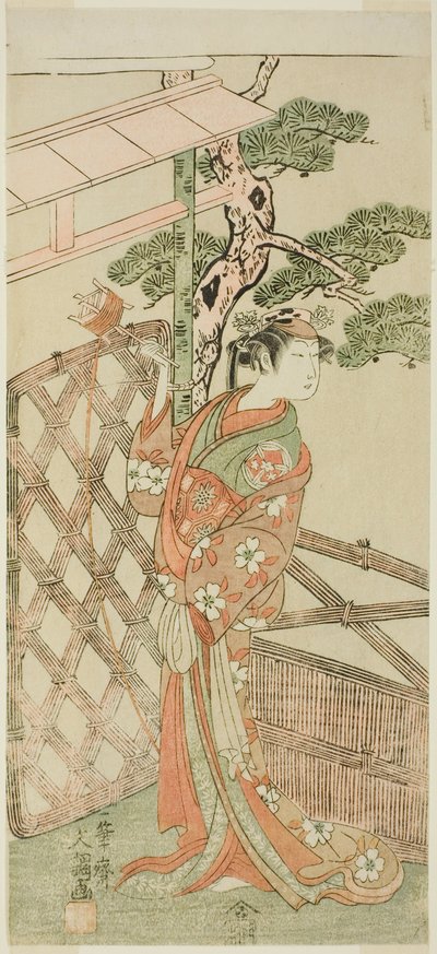Herec Yamashita Kinsaku II jako Moshio, manželka Ito Sukekiyo, ve hře Izu-goyomi Shibai no Ganjitsu, hrál v divadle Morita v jedenáctém měsíci, 1772 od Ippitsusai Bunchō