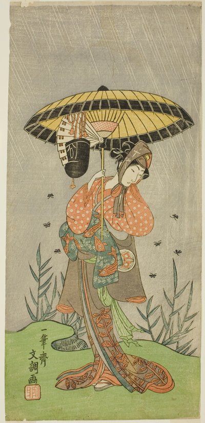 Herec Yamashita Kinsaku II jako Nijo no Kisaki (?) ve hře Natsu Matsuri Naniwa Kagami (?), hrál v divadle Morita (?) v sedmém měsíci, 1770 (?) od Ippitsusai Bunchō