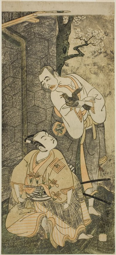 Herci Nakamura Utaemon I jako Seigen (vpravo) a Ichikawa Komazo II jako Shimizu Tonoinosuke Kiyoharu (vlevo) ve hře Play Soga Moyo Aigo no Wakamatsu, představení v divadle Nakamura ve třetím měsíci, 1769 od Ippitsusai Bunchō