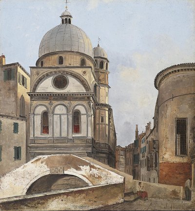 Pohled na kostely Maria dei Miracole a Santa Maria Nova v Benátkách od Ippolito Caffi