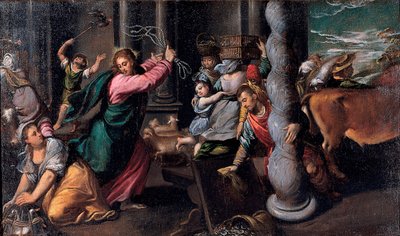 Le Christ chassant les marchands du temple - Kristus vyhání půjčovatele peněz z chrámu - Obraz Ippolita Scarsellina (Scarsella) (1551-1620), Olej na plátně 1580-1585 (68x116 cm) - Musei Capitolini, Řím od Ippolito Scarcella
