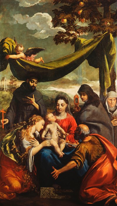 Madona s dítětem se svatými Máří Magdalenou, Petrem, Klárou a Františkem a portrét abatyše od Ippolito Scarsella