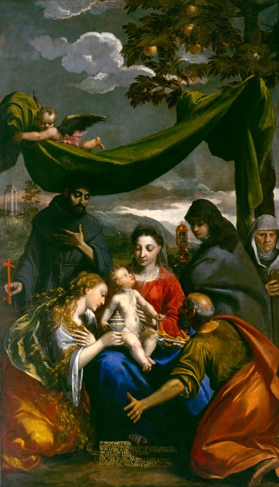 Panna s dítětem se svatými Marií Magdalenou, Petrem, Klárou, Františkem a abatyší, kolem roku 1600 od Ippolito Scarsella