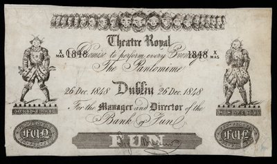 Reklama na pantomimu v Theatre Royal v Dublinu, založená na bankovce Bank of Ireland od Irish School
