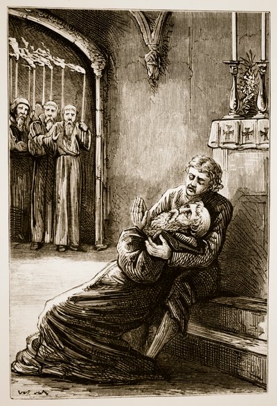 Smrt sv. Columby z Trias Thaumaturga neboli tří zázračných světců Irska od Mary Cusack (1829-99) publikovaná kolem 90. let 19. století od Irish School