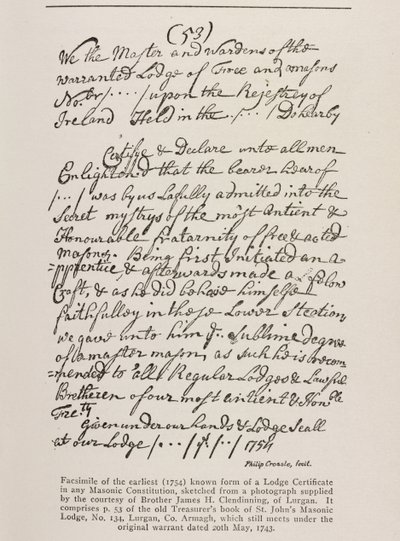 Nejstarší známý certifikát (irský) s pečetí z Grand Lodge, 1762 od Irish School