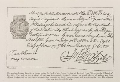 Faksimile nejstaršího známého certifikátu vydaného pod pečetí Velké lóže Irska z roku 1762 od Irish School