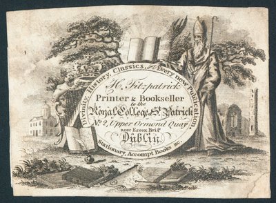 H Fitzpatrick, tiskař a knihkupec na Royal College of Saint Patrick, vizitka od Irish School