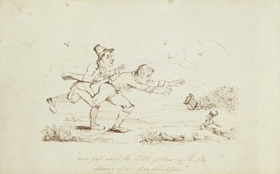 Over Pop Went the Little Fellow with Spring of a Grasshopper, knižní ilustrace zobrazující Dva Irové honí skřítka, 19. století (pero a inkoust na papíře) od Irish School