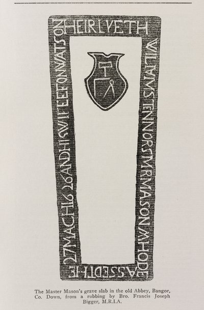 Otisk z náhrobní desky zednářského mistra ve starém opatství v Bangoru, Co. Down, datováno 1626 od Irish School