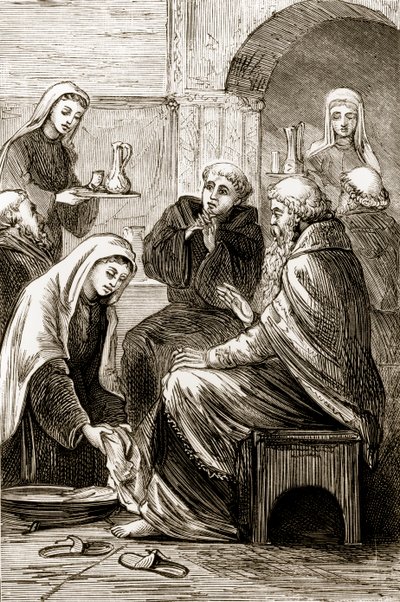 Svatá Brigit baví biskupa, z Trias Thaumaturga, neboli Tři zázrační svatí Irska, od Mary Cusack (1829-99), vydáno kolem 90. let 19. století od Irish School